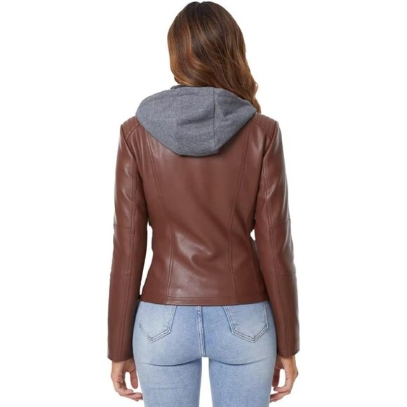Women Brown  Faux Leather Jacket Hooded Moto Biker Outwear Coat - Picture 3 of 5